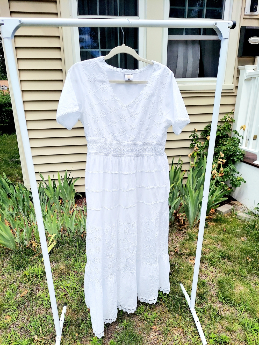 Ananta 100%Cotton White Embroided Eyelet V-Neck Maxi Dress Women Sizes S/M L/XL